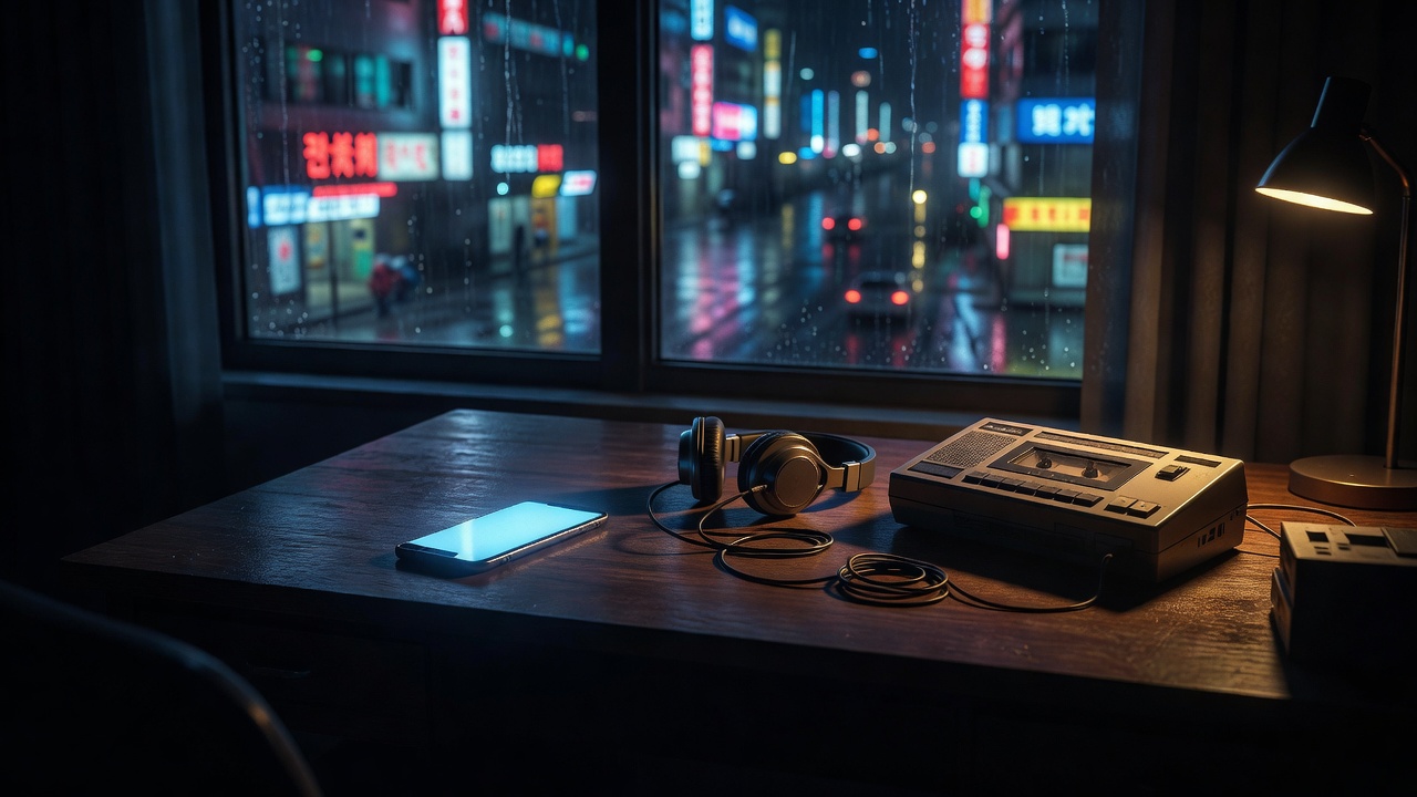夜晚城市公寓窗景，木桌上一部亮屏手机与耳机和旧录音机